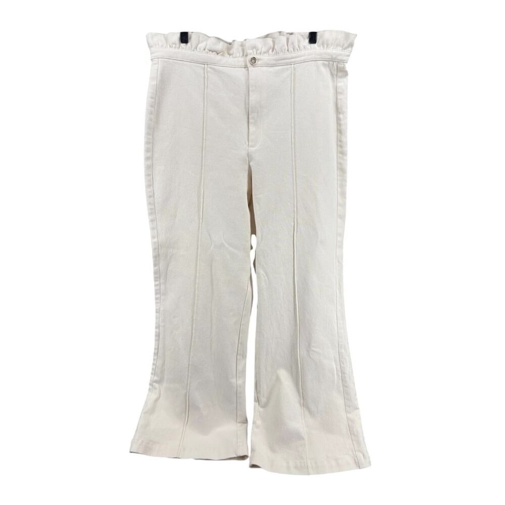 Emily McCarthy Cream Wide Leg Pants Ruffle Waist Front Crease Large Cottage